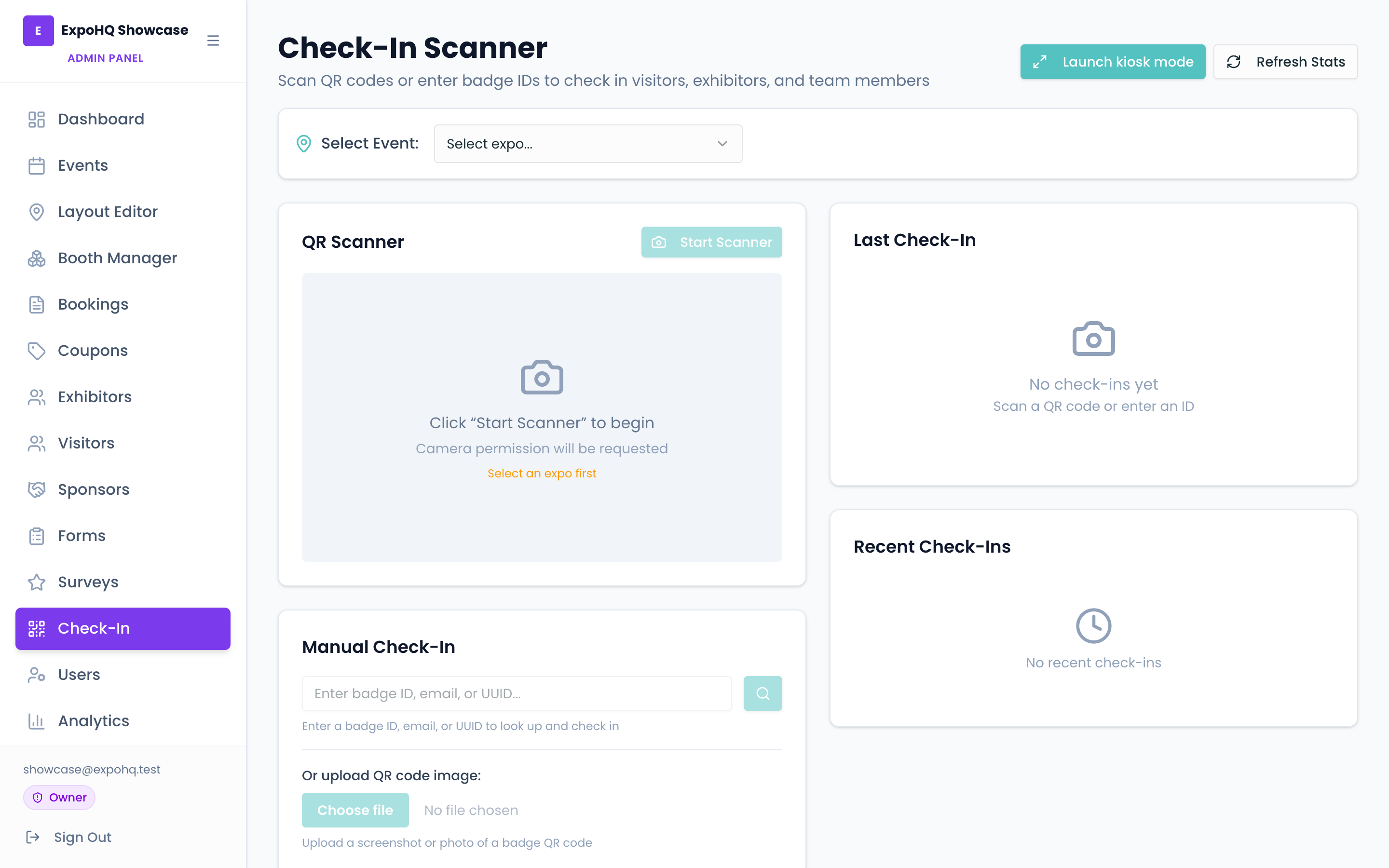 Check-In Scanner with QR scanner, manual badge ID lookup, last check-in display and recent check-ins panel.