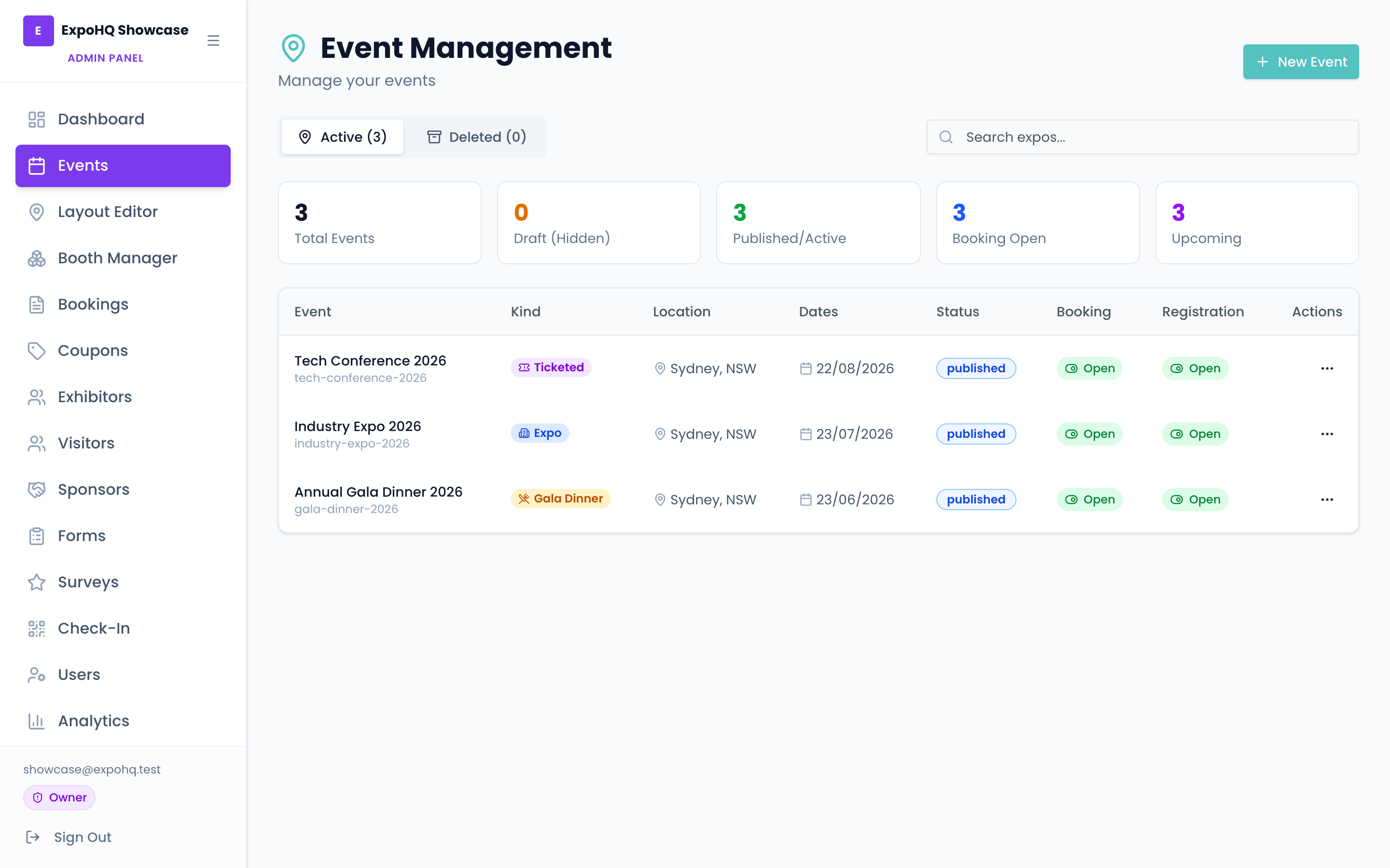 Event Management screen listing Tech Conference 2026, Industry Expo 2026 and Annual Gala Dinner 2026 with kind, dates, status and booking state.