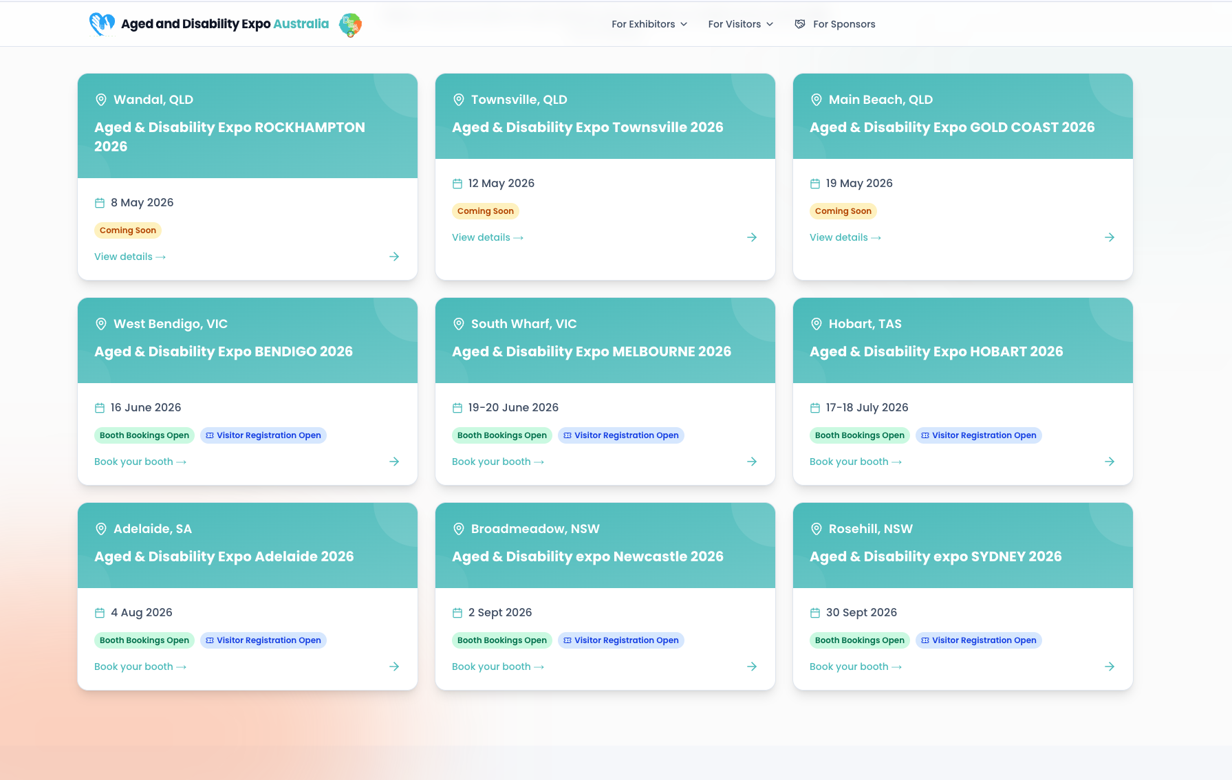 Public events listing page with nine event cards across Australia — each card shows venue, date and visitor or booth-booking status.